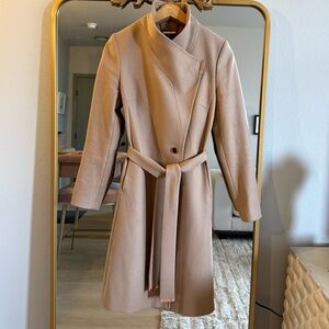 Ted Baker Heritage Rose Camel Midi Cashmere Wool Wrap Tie Belted Coat